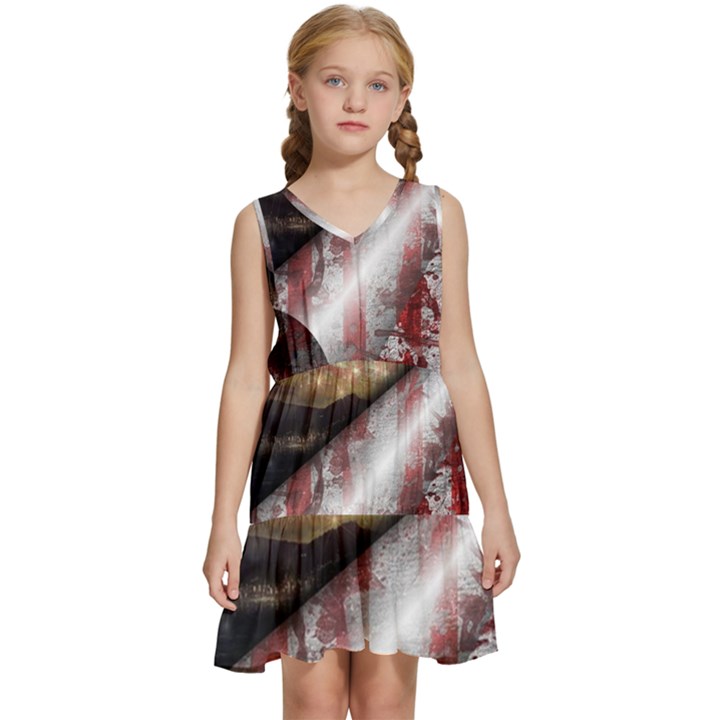 Independence Day Background Abstract Grunge American Flag Kids  Sleeveless Tiered Mini Dress