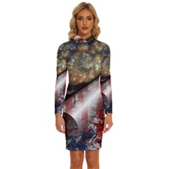 Independence Day Background Abstract Grunge American Flag Long Sleeve Shirt Collar Bodycon Dress by Ravend