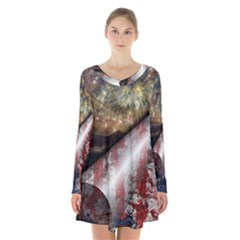 Independence Day July 4th Long Sleeve Velvet V-neck Dress by Ravend