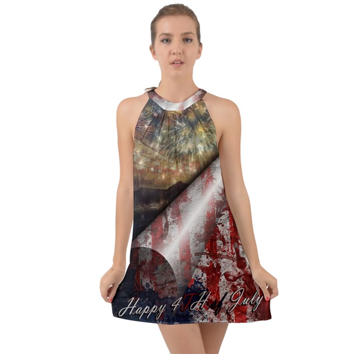 Independence Day July 4th Halter Tie Back Chiffon Dress