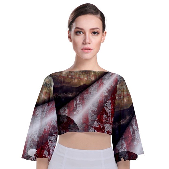 Independence Day July 4th Tie Back Butterfly Sleeve Chiffon Top