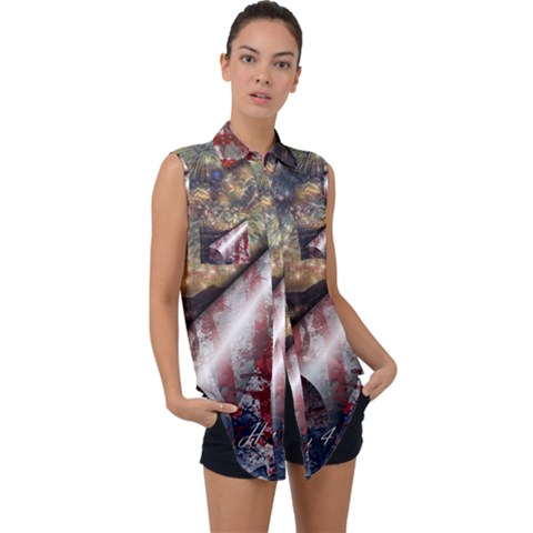 Independence Day July 4th Sleeveless Chiffon Button Shirt by Ravend