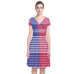 American Flag Patriot Red White Short Sleeve Front Wrap Dress by Celenk