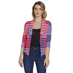 American Flag Patriot Red White Women s Draped Front 3/4 Sleeve Shawl Collar Jacket