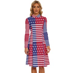 American Flag Patriot Red White Long Sleeve Shirt Collar A-line Dress by Celenk