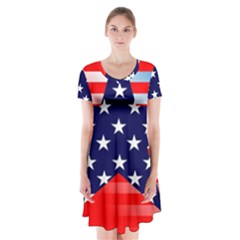 Patriotic American Usa Design Red Short Sleeve V-neck Flare Dress by Celenk