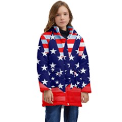 Patriotic American Usa Design Red Kids  Hooded Longline Puffer Jacket by Celenk