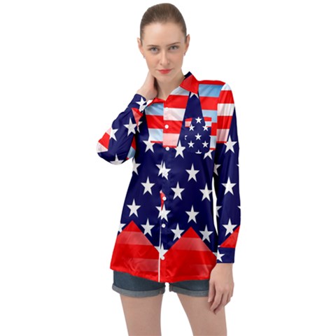 Patriotic American Usa Design Red Long Sleeve Satin Shirt by Celenk