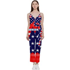 Patriotic American Usa Design Red V-neck Spaghetti Strap Tie Front Jumpsuit by Celenk