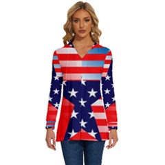 Patriotic American Usa Design Red Long Sleeve Drawstring Hooded Top by Celenk