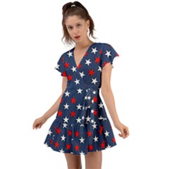 Patriotic Colors America Usa Red Flutter Sleeve Wrap Dress by Celenk