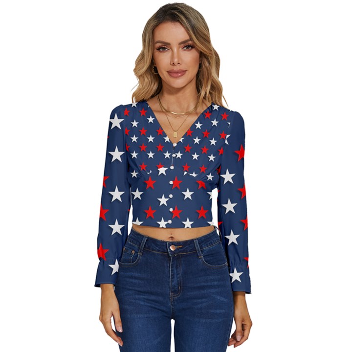 Patriotic colors america usa red Long Sleeve V-Neck Top