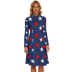 Patriotic Colors America Usa Red Long Sleeve Shirt Collar A-line Dress by Celenk