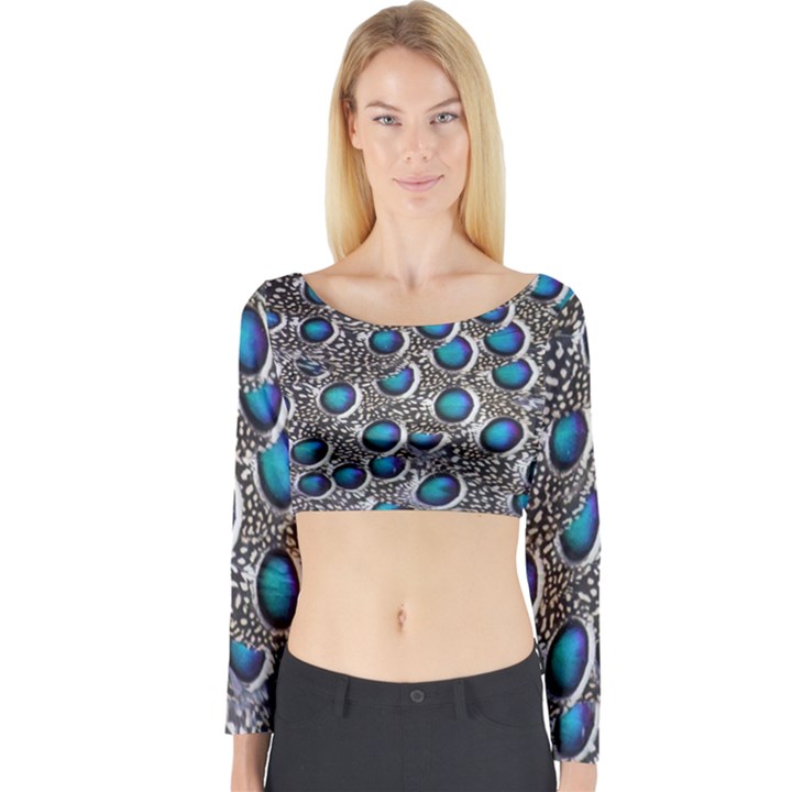 Peacock Pattern Close Up Plumage Long Sleeve Crop Top