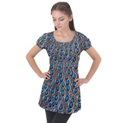 Peacock Pattern Close Up Plumage Puff Sleeve Tunic Top by Celenk