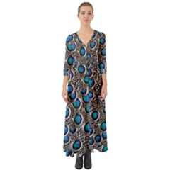 Peacock Pattern Close Up Plumage Button Up Boho Maxi Dress by Celenk