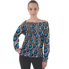 Peacock Pattern Close Up Plumage Off Shoulder Long Sleeve Velour Top by Celenk