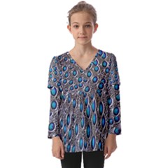 Peacock Pattern Close Up Plumage Kids  V Neck Casual Top by Celenk