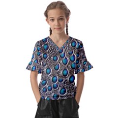 Peacock Pattern Close Up Plumage Kids  V-neck Horn Sleeve Blouse by Celenk