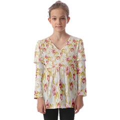 Background Pattern Flower Spring Kids  V Neck Casual Top by Celenk