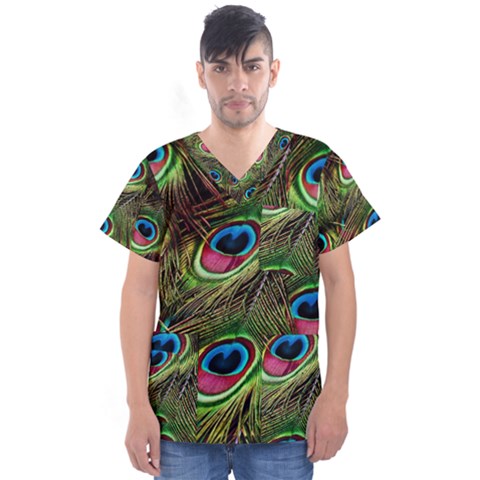 Peacock Feathers Color Plumage Men s V-neck Scrub Top by Celenk