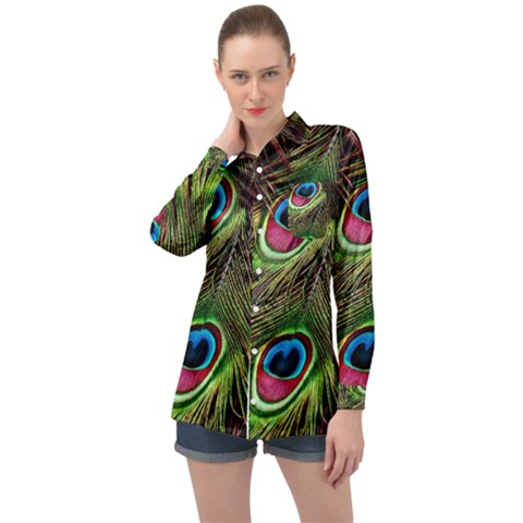 Peacock Feathers Color Plumage Long Sleeve Satin Shirt by Celenk