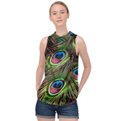 Peacock Feathers Color Plumage High Neck Satin Top by Celenk