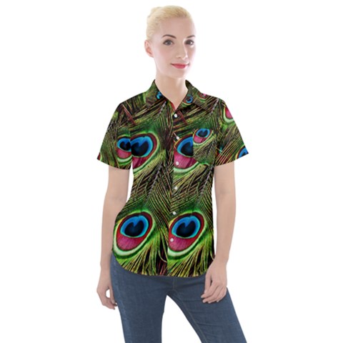 Peacock Feathers Color Plumage Women s Short Sleeve Pocket Shirt by Celenk