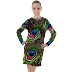 Peacock Feathers Color Plumage Long Sleeve Hoodie Dress by Celenk