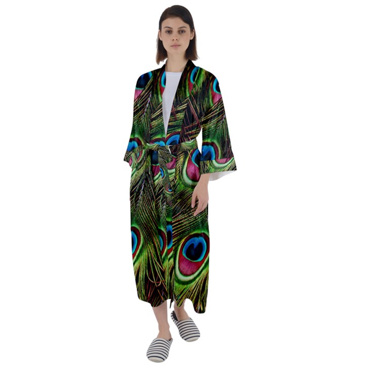 Peacock Feathers Color Plumage Maxi Satin Kimono