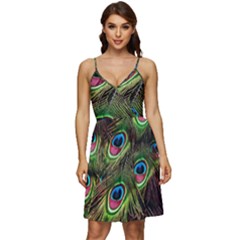 Peacock Feathers Color Plumage V-neck Pocket Summer Dress 