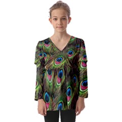 Peacock Feathers Color Plumage Kids  V Neck Casual Top by Celenk