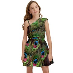 Peacock Feathers Color Plumage Kids  One Shoulder Party Dress by Celenk