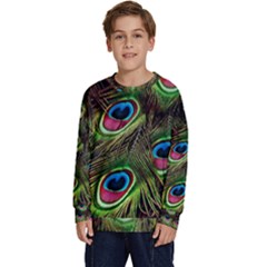 Peacock Feathers Color Plumage Kids  Long Sleeve Jersey by Celenk