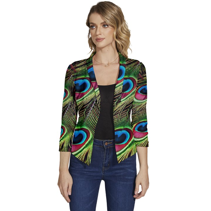 Peacock Feathers Color Plumage Women s Casual 3/4 Sleeve Spring Jacket