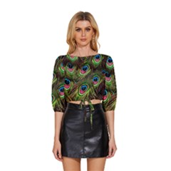 Peacock Feathers Color Plumage Mid Sleeve Drawstring Hem Top by Celenk