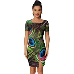 Peacock Feathers Color Plumage Fitted Knot Split End Bodycon Dress by Celenk