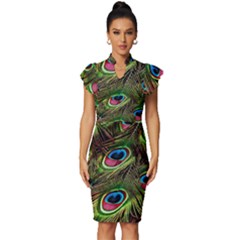 Peacock Feathers Color Plumage Vintage Frill Sleeve V-neck Bodycon Dress by Celenk