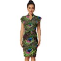 Peacock Feathers Color Plumage Vintage Frill Sleeve V-Neck Bodycon Dress View1