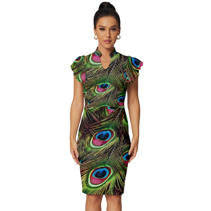 Peacock Feathers Color Plumage Vintage Frill Sleeve V-Neck Bodycon Dress