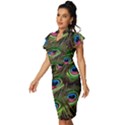 Peacock Feathers Color Plumage Vintage Frill Sleeve V-Neck Bodycon Dress View2