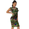 Peacock Feathers Color Plumage Vintage Frill Sleeve V-Neck Bodycon Dress View3