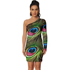 Peacock Feathers Color Plumage Long Sleeve One Shoulder Mini Dress by Celenk