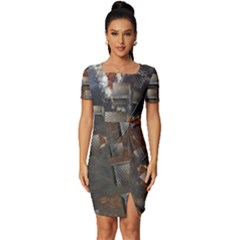 Background Metal Pattern Texture Fitted Knot Split End Bodycon Dress by Celenk