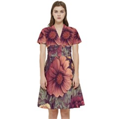 Flowers Pattern Short Sleeve Waist Detail Dress by Simbadda