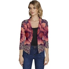 Flowers Pattern Women s Casual 3/4 Sleeve Spring Jacket