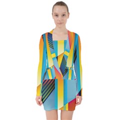 Colorful Rainbow Stripe Pattern V-neck Bodycon Long Sleeve Dress by Vaneshop