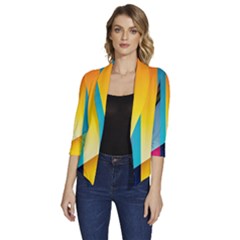 Colorful Rainbow Stripe Pattern Women s Draped Front 3/4 Sleeve Shawl Collar Jacket