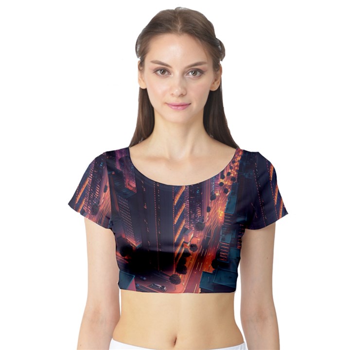 Abstract Landscape Landmark Town City Cityscape Short Sleeve Crop Top