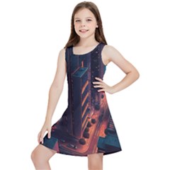 Abstract Landscape Landmark Town City Cityscape Kids  Lightweight Sleeveless Dress by Vaneshop